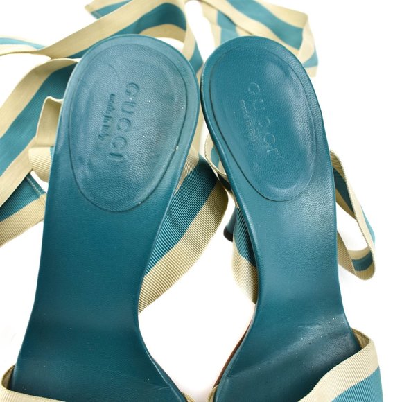 GUCCI Beige/Teal Blue "Web Stripe" & Leather Heels - Picture 7 of 11